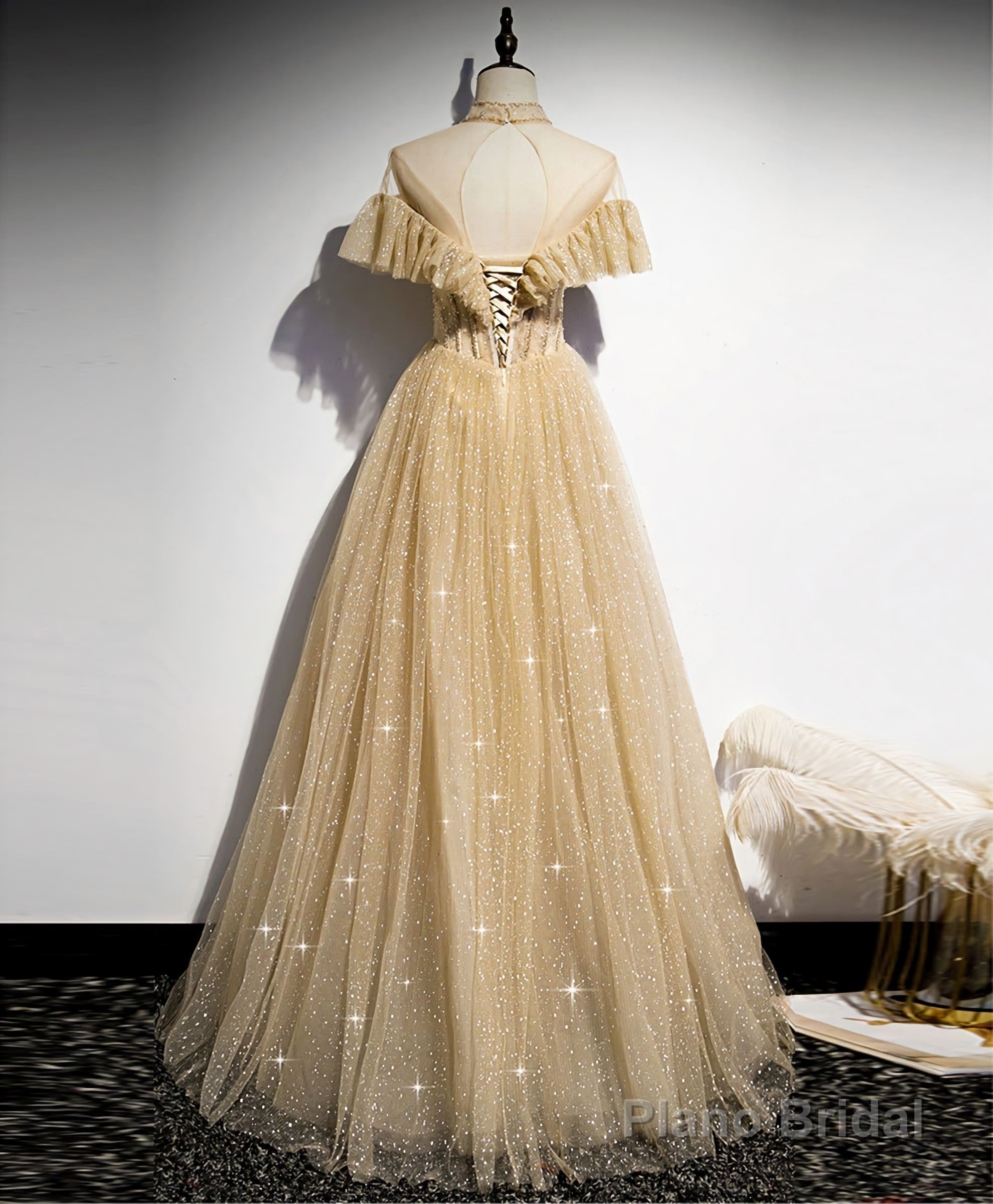 Gold Tulle Sequin Long Prom Dress, Gold Tulle Bridesmaid Dress