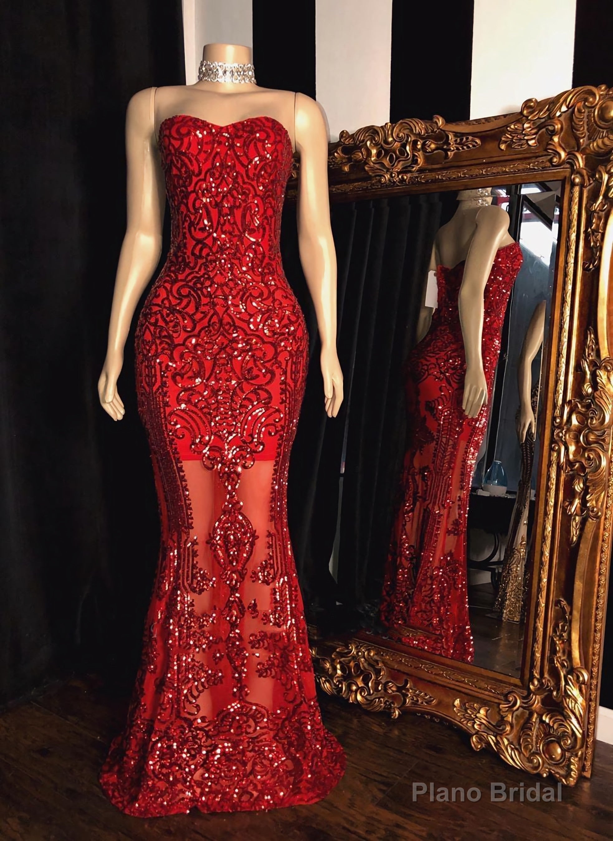 2025 Red Sheath Sweetheart Strapless Floor Length Tulle Lace Prom Dresses Main image