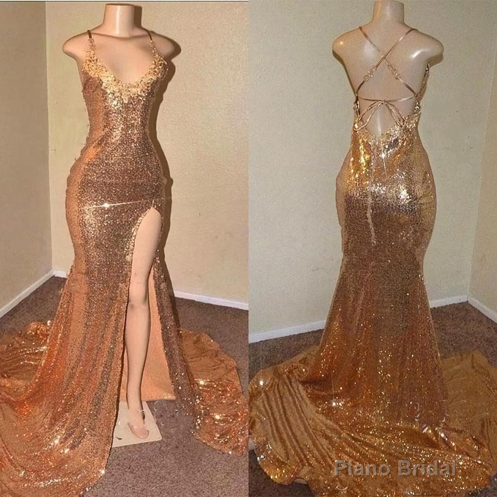 2025 Gold Halter Lace Up Back Sequence Side Slit Long Prom Dresses Main image