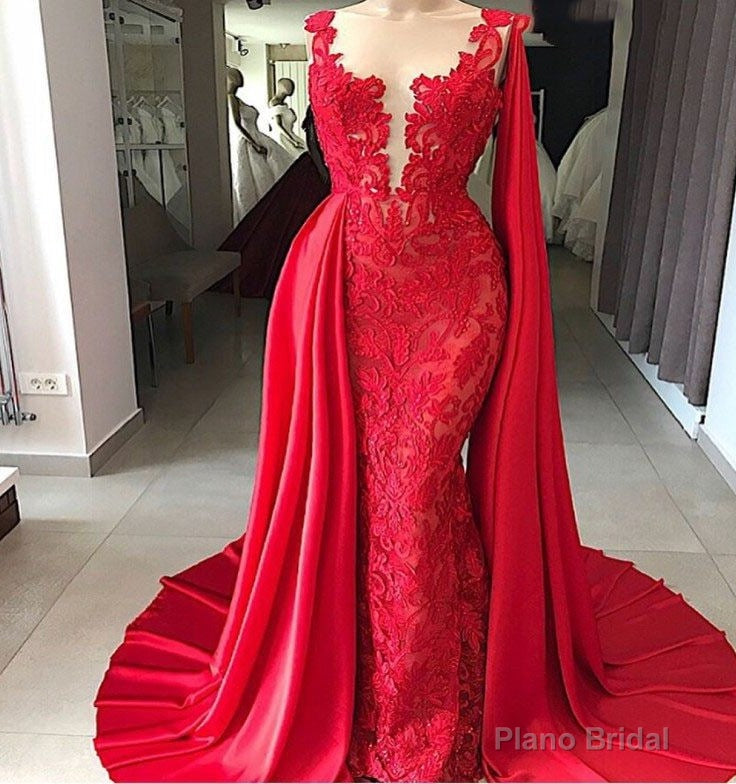 2025 Red Tulle With Appliques Long Satin Sheath Prom Dress Main image
