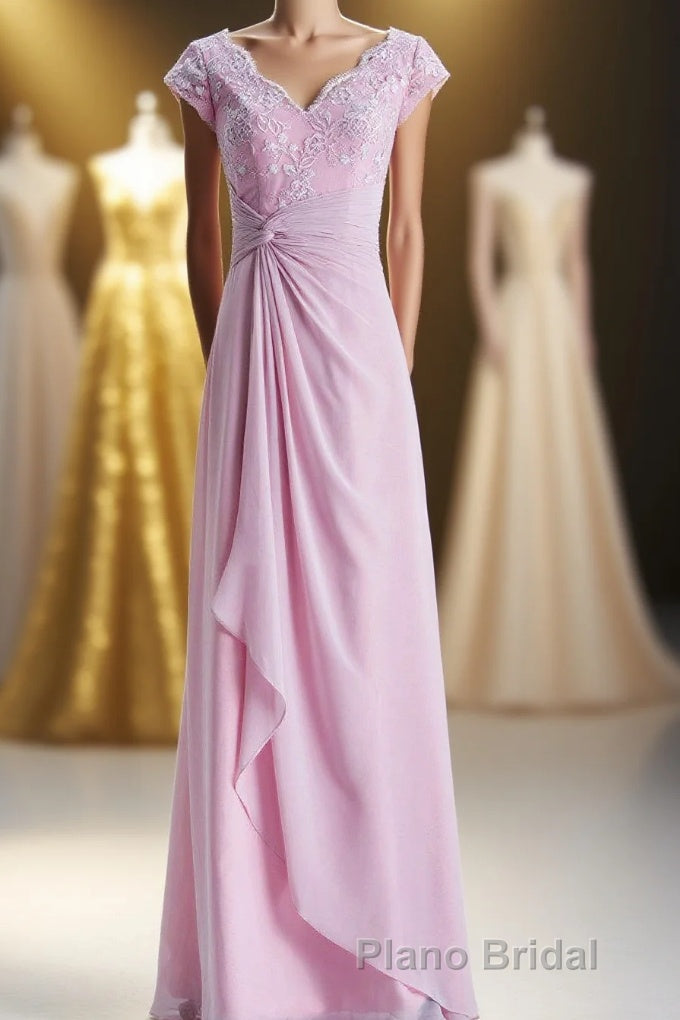 Short Sleeves Pink Appliques Knot Long Bridesmaid Dresses Main image