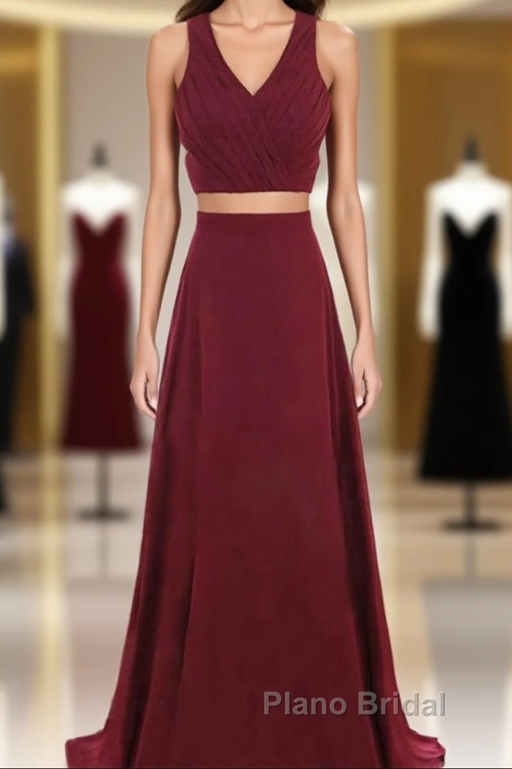 Two Piece Formal Prom Dresses A-Line Floor-length Burgundy Chiffon Formal Prom Dresses Main image