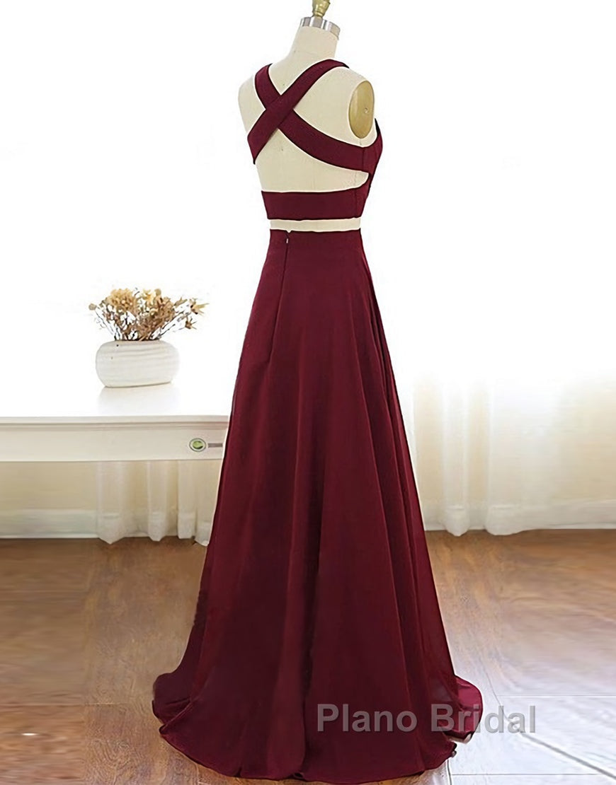 Two Piece Formal Prom Dresses A-Line Floor-length Burgundy Chiffon Formal Prom Dresses Secondary image