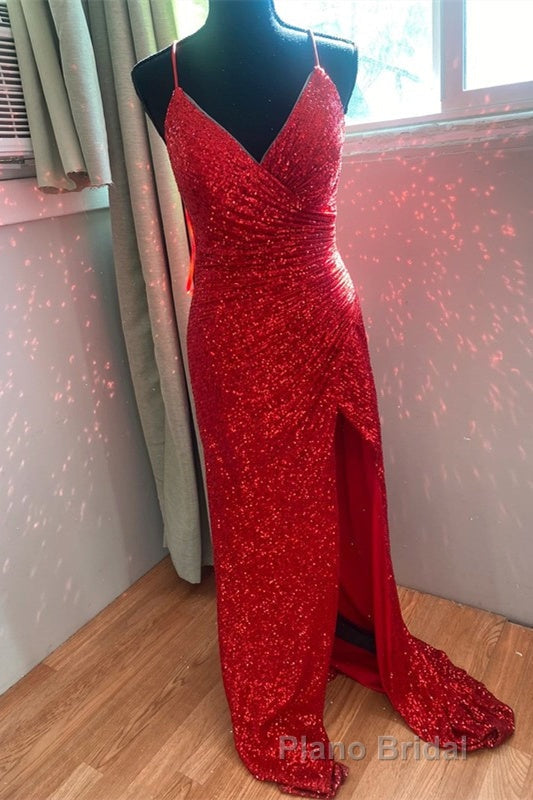 High Slit Blue Sequins Straps Mermaid Formal Prom Dresses