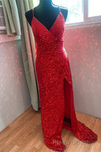 High Slit Blue Sequins Straps Mermaid Formal Prom Dresses