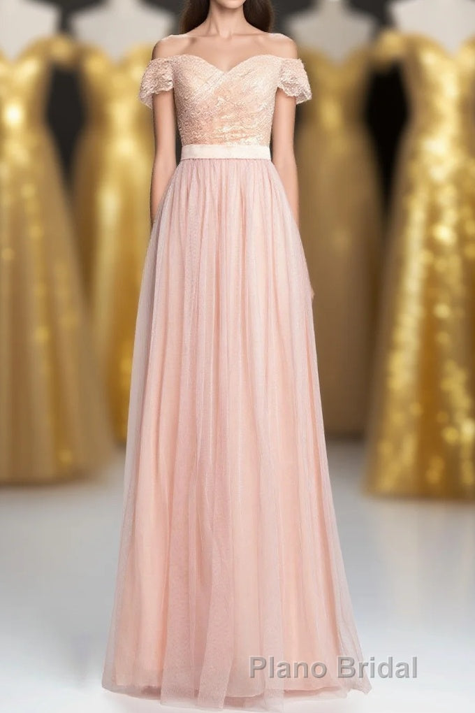 Off the Shoulder Pink Lace and Tulle Long Bridesmaid Dresses Main image