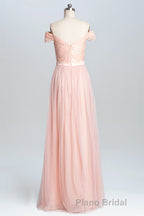 Off the Shoulder Pink Lace and Tulle Long Bridesmaid Dresses