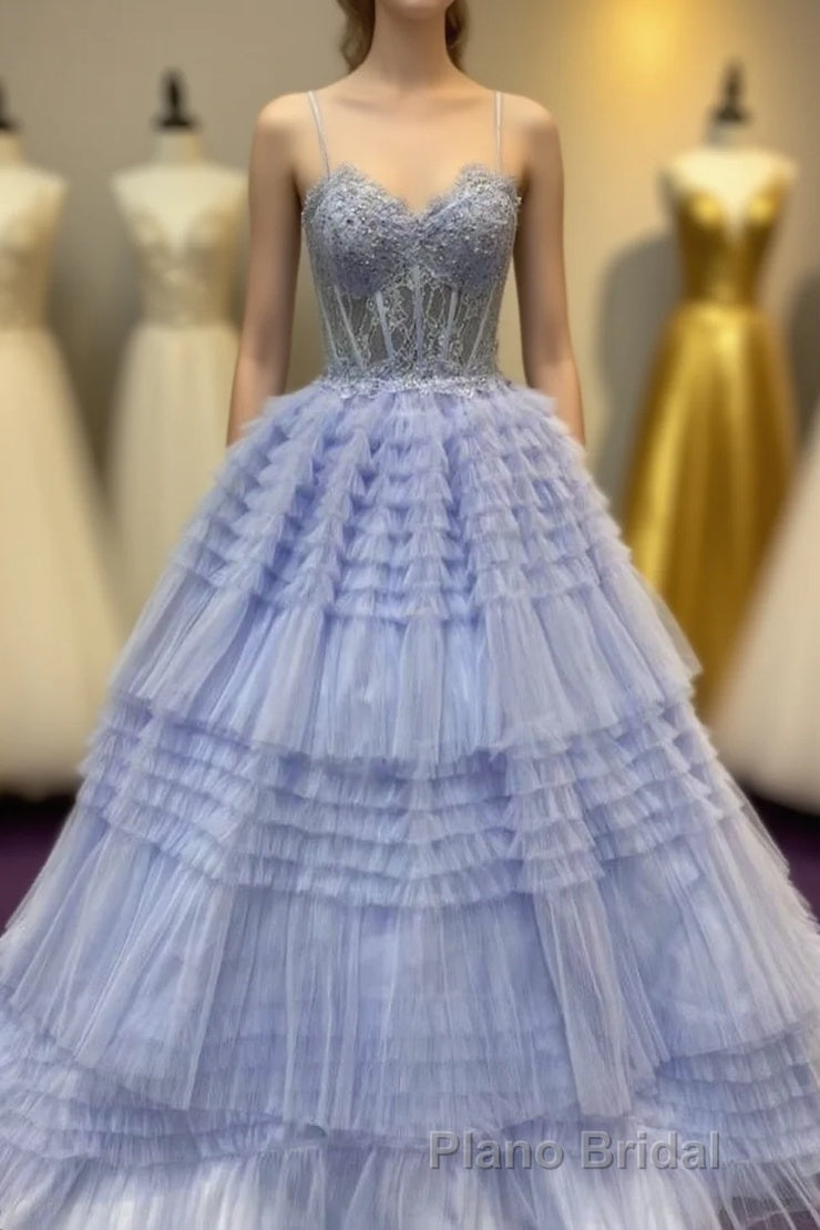 Periwinkle Lace Sweetheart Tiered Long Formal Prom Dresses with Ruffles