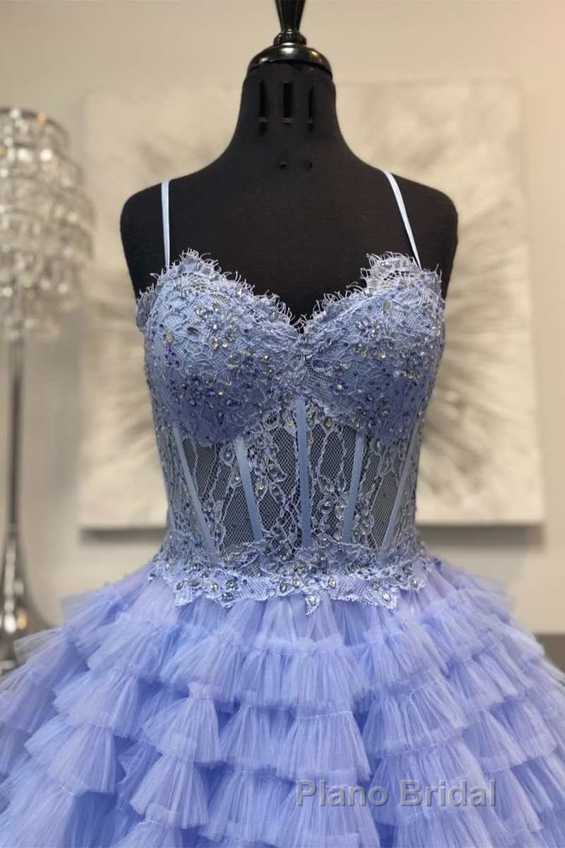 Periwinkle Lace Sweetheart Tiered Long Formal Prom Dresses with Ruffles Secondary image