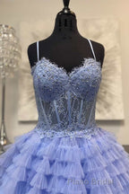 Periwinkle Lace Sweetheart Tiered Long Formal Prom Dresses with Ruffles