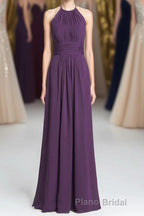 Purple Halter A-line Pleated Long Bridesmaid Dresses