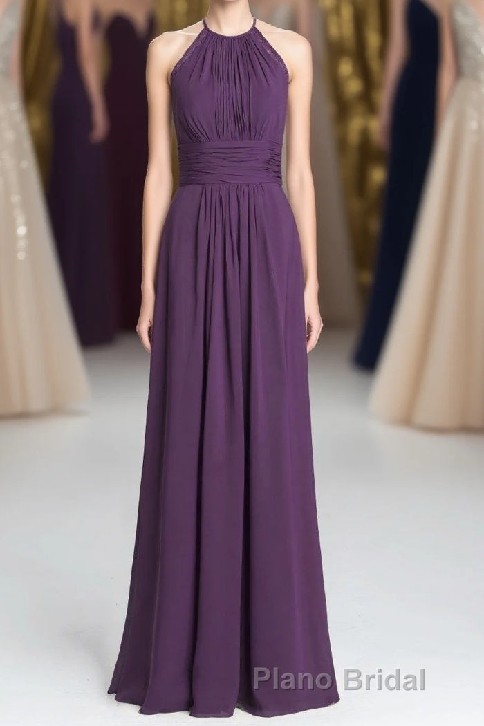 Purple Halter A-line Pleated Long Bridesmaid Dresses