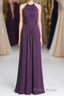 Purple Halter A-line Pleated Long Bridesmaid Dresses