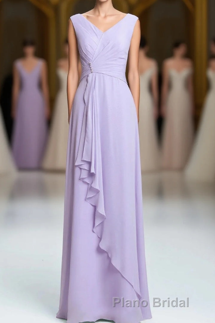 Lavender Chiffon A-line Ruffles Long Bridesmaid Dresses
