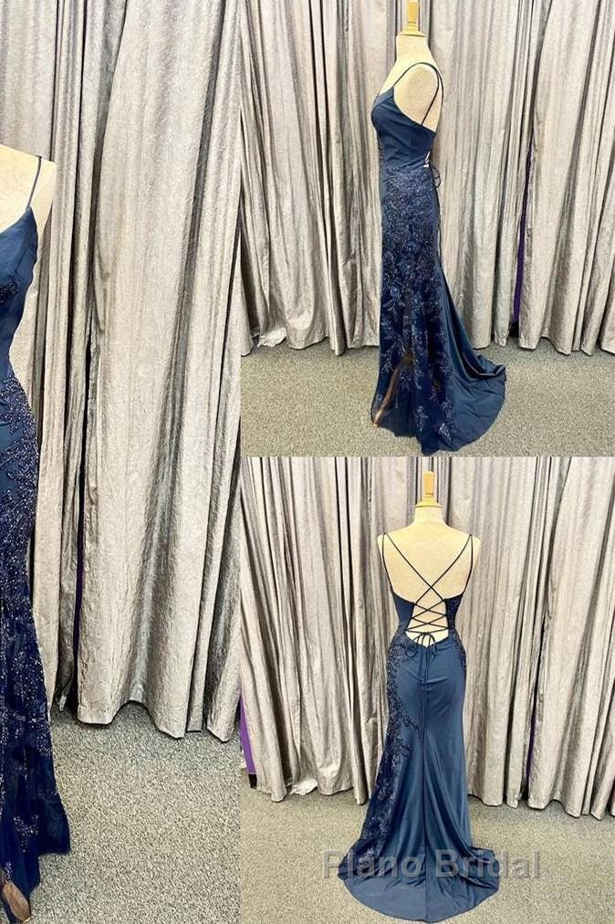 Elegant Navy Blue Long Formal Prom Dresses with Lace Appliques Secondary image