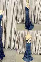 Elegant Navy Blue Long Formal Prom Dresses with Lace Appliques