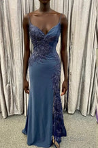 Elegant Navy Blue Long Formal Prom Dresses with Lace Appliques