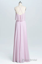 Pink Straps Flounce Chiffon A-line Long Bridesmaid Dresses