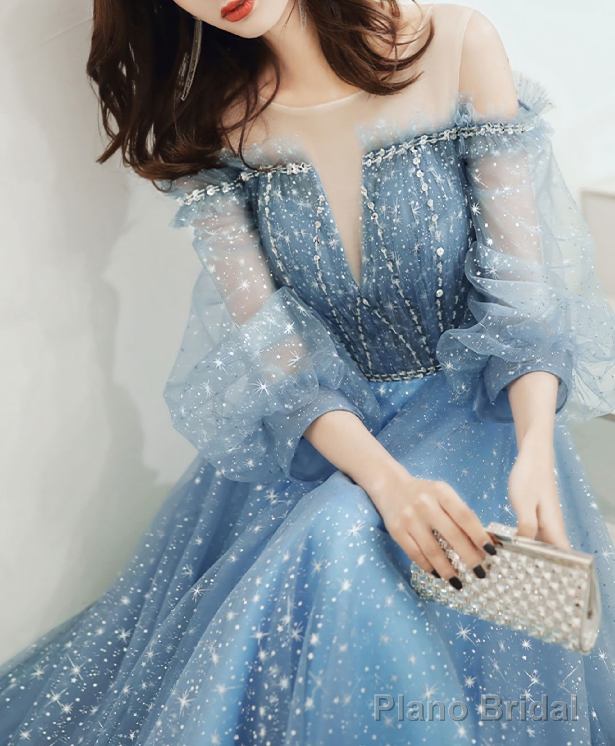 Blue Round Neck Tulle Sequin Long Prom Dress Tulle Evening Dress