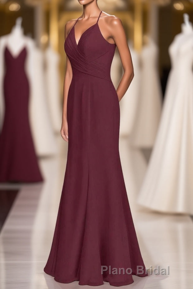 Burgundy Chiffon Cross-Back Mermaid Long Bridesmaid Dresses Main image