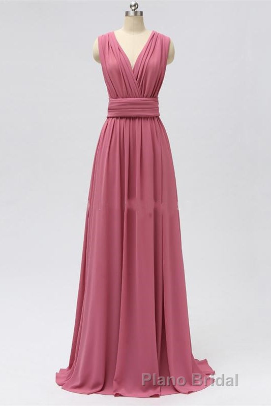 Dusty Rose Chiffon Wrap A-Line Long Bridesmaid Dresses