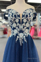 Navy Blue Floral Applique Lace-Up A-Line Long Prom Dress