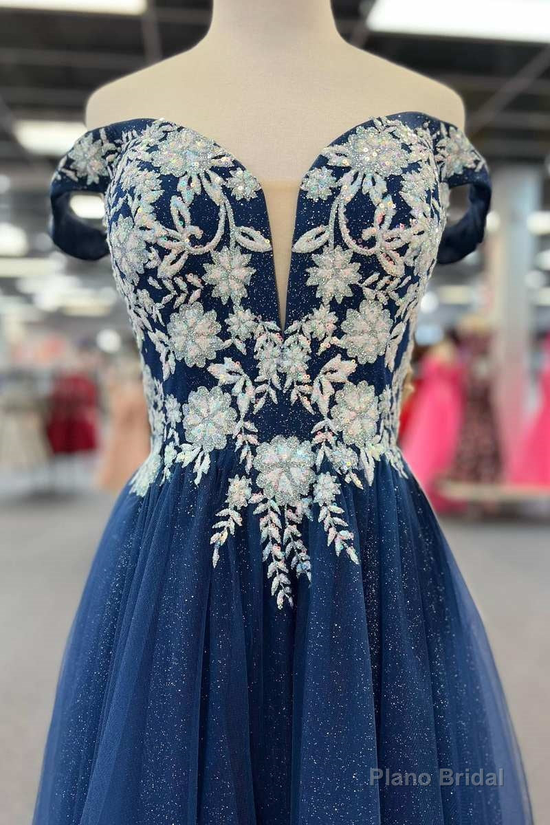 Navy Blue Floral Applique Lace-Up A-Line Long Prom Dress
