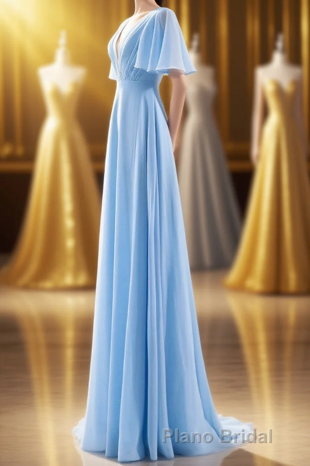 Flutter Sleeves Blue Chiffon A-line Long Bridesmaid Dresses Main image