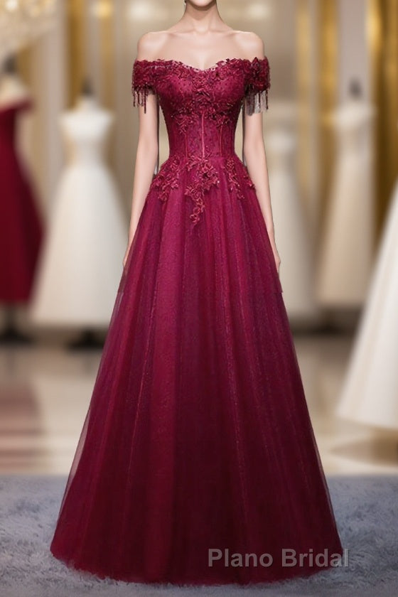 Burgundy Tulle Lace Off Shoulder Long Formal Prom Dresses, Burgundy Lace Evening Dresses Main image