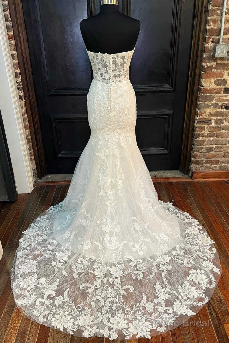 White Appliques Strapless Mermaid Long Wedding Dress Secondary image
