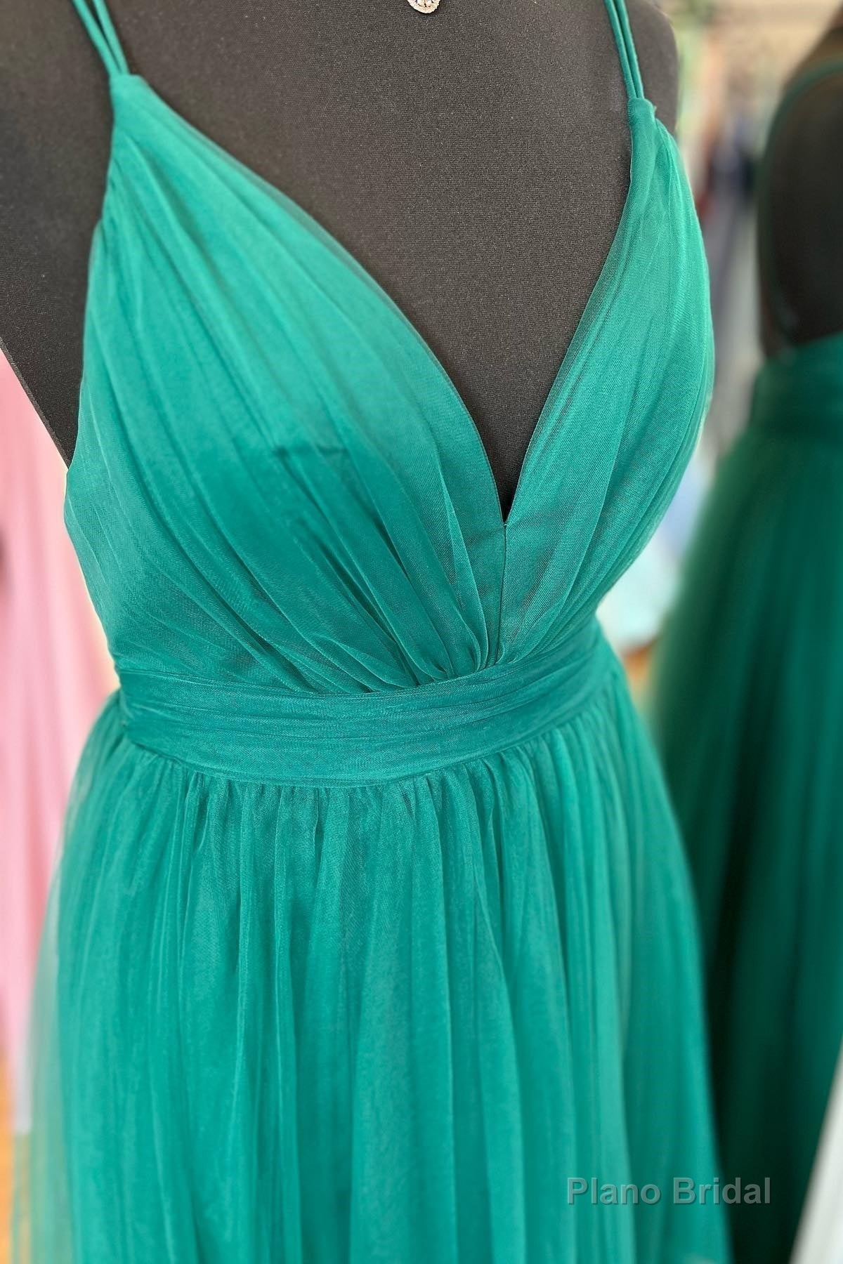 Hunter Green A-line Plunging V Neck Double Straps Pleated Long Prom Dress Secondary image