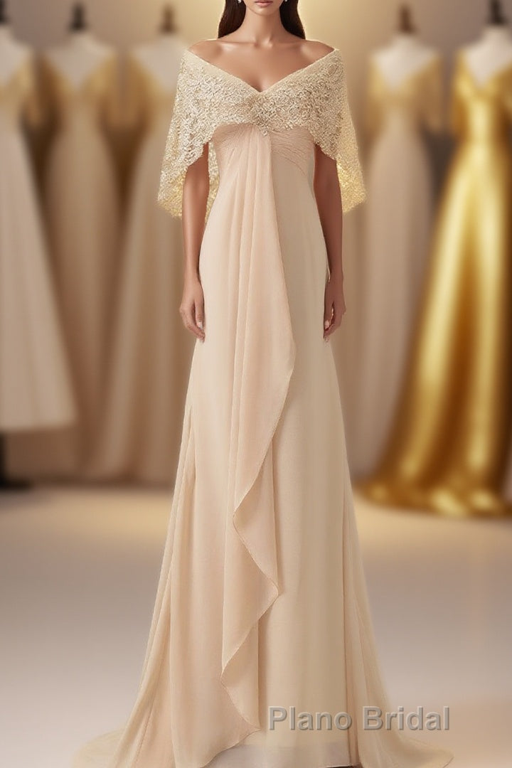Ruffles Chiffon Long Mother of the Bride Dresses with Lace Cape Main image