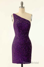 Pink Sequin One-Shoulder Backless Short Prom Dresses