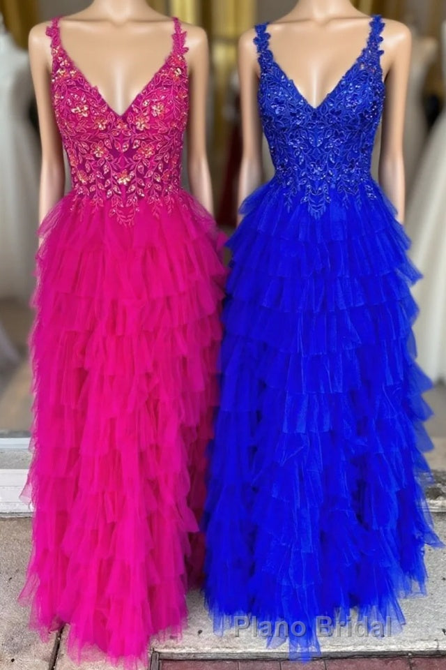 Fuchsia Layers Floral Tulle A-line Long Formal Prom Dresses Main image