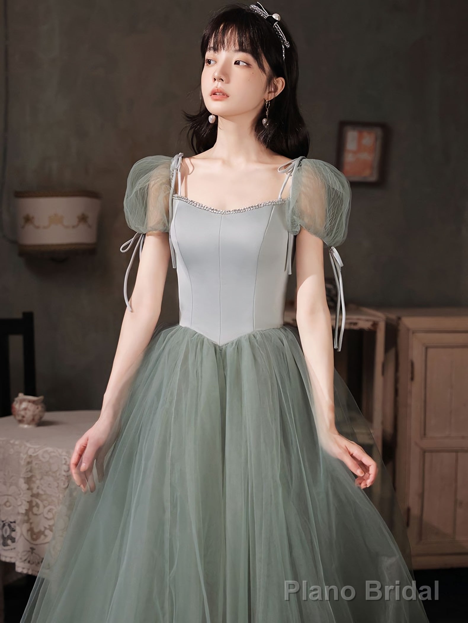 Gray Green Tulle Long Prom Dress Green Tulle Formal Dress