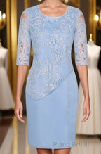 Light Blue Crew Neck Lace Half Sleeve Short Mother of the Bride Dresses