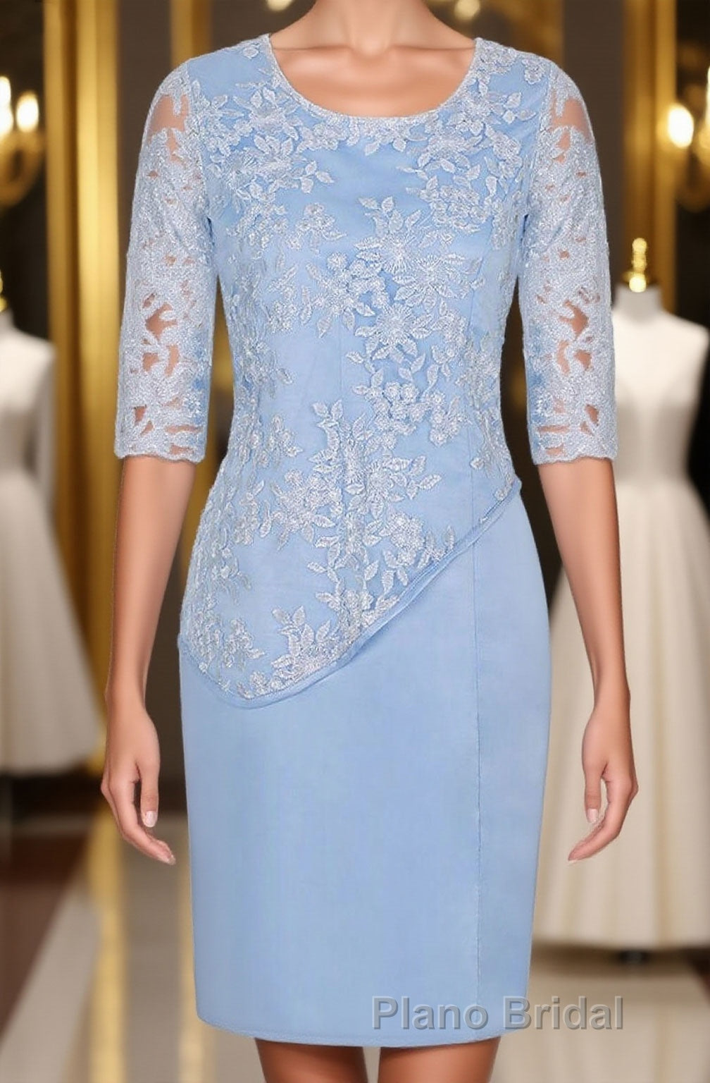 Light Blue Crew Neck Lace Half Sleeve Short Mother of the Bride Dresses