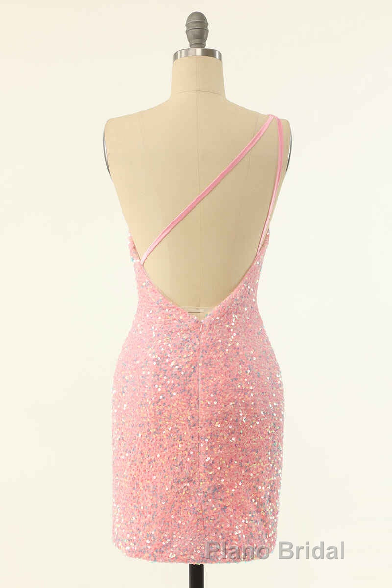 Pink Sequin One-Shoulder Backless Short Prom Dresses
