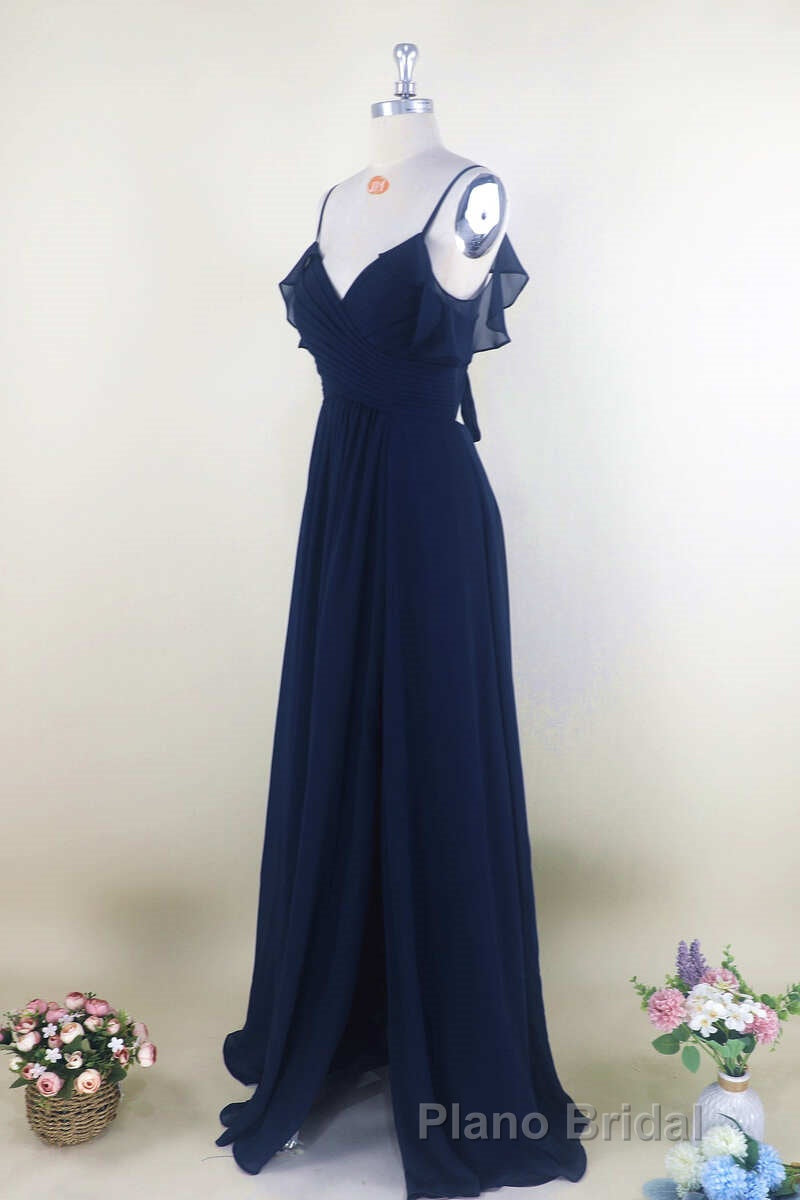 Navy Blue Chiffon Cold-Shoulder A-Line Long Bridesmaid Dresses Secondary image