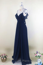 Navy Blue Chiffon Cold-Shoulder A-Line Long Bridesmaid Dresses