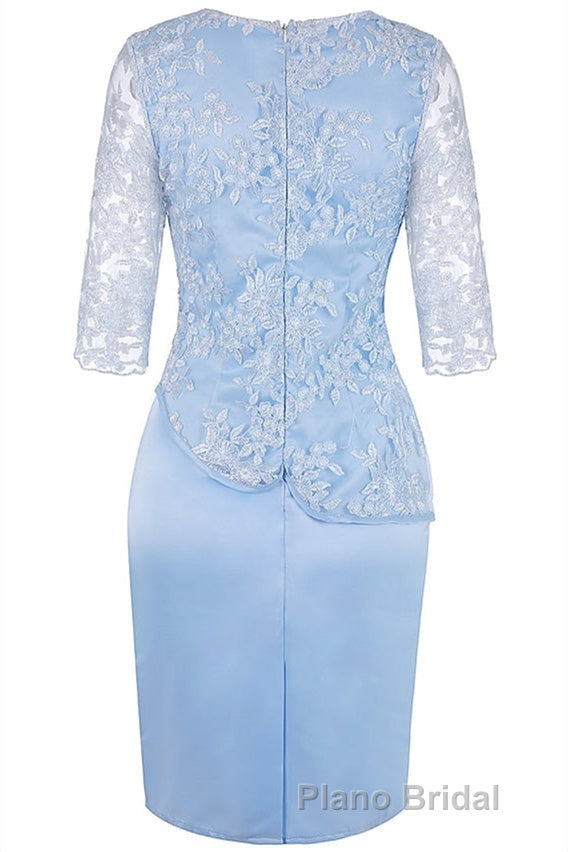 Light Blue Crew Neck Lace Half Sleeve Short Mother of the Bride Dresses