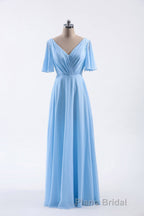 Flutter Sleeves Blue Chiffon A-line Long Bridesmaid Dresses