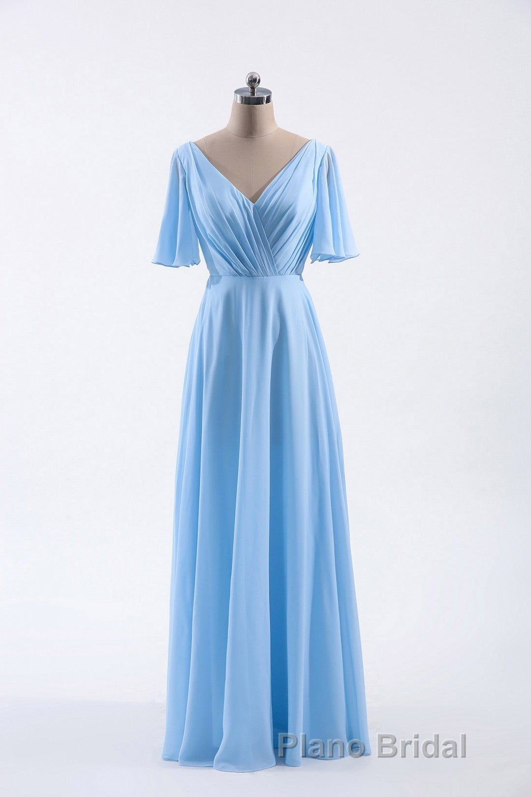 Flutter Sleeves Blue Chiffon A-line Long Bridesmaid Dresses