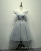 Simple V Neck Tulle Off Shoulder Short Formal Prom Dresses, Pink Homecoming Dresses