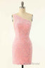 Pink Sequin One-Shoulder Backless Short Prom Dresses