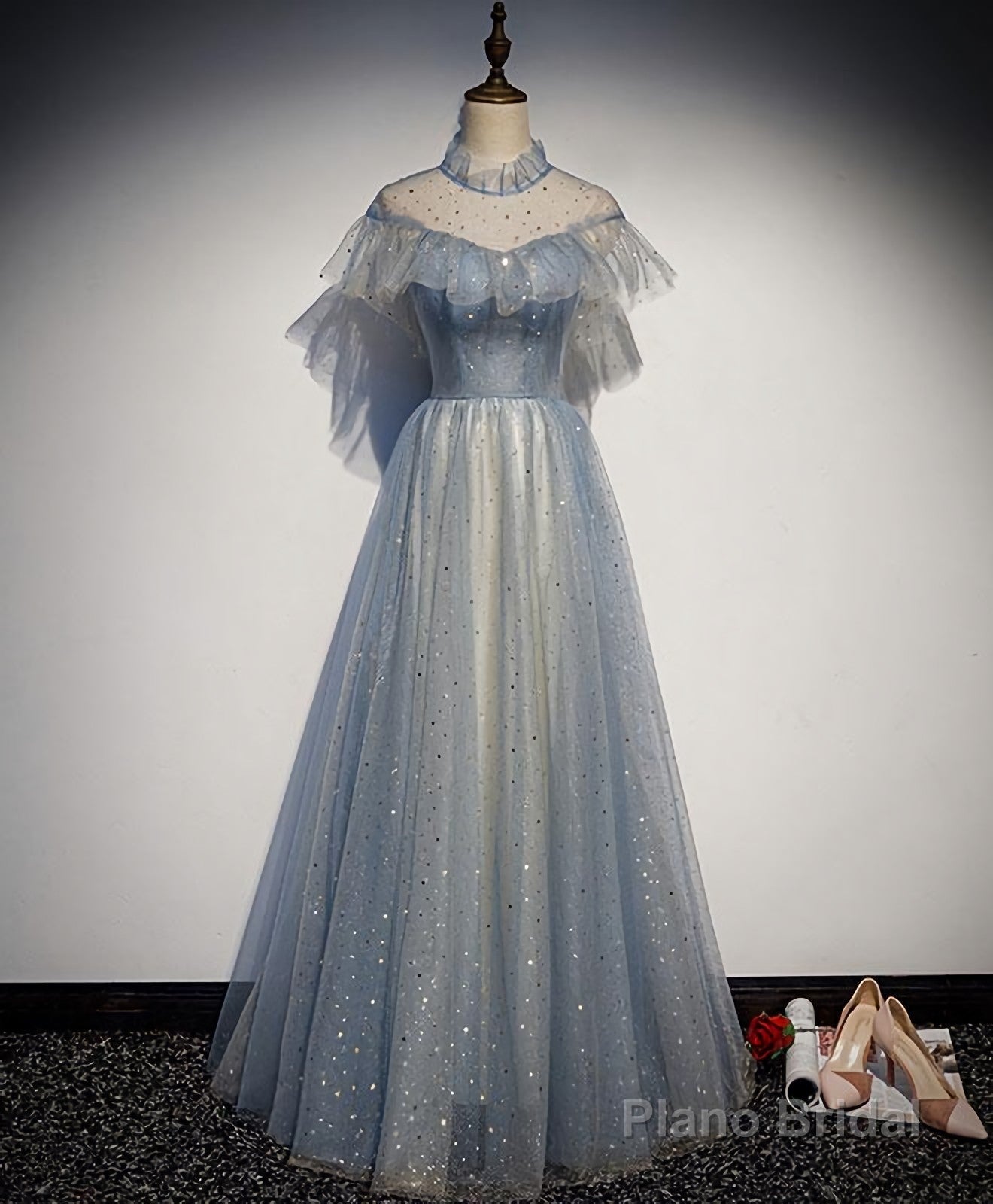 Light Blue Tulle Lace Long Prom Dress, Tulle Evening Dress Main image