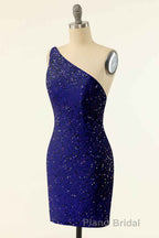 Pink Sequin One-Shoulder Backless Short Prom Dresses