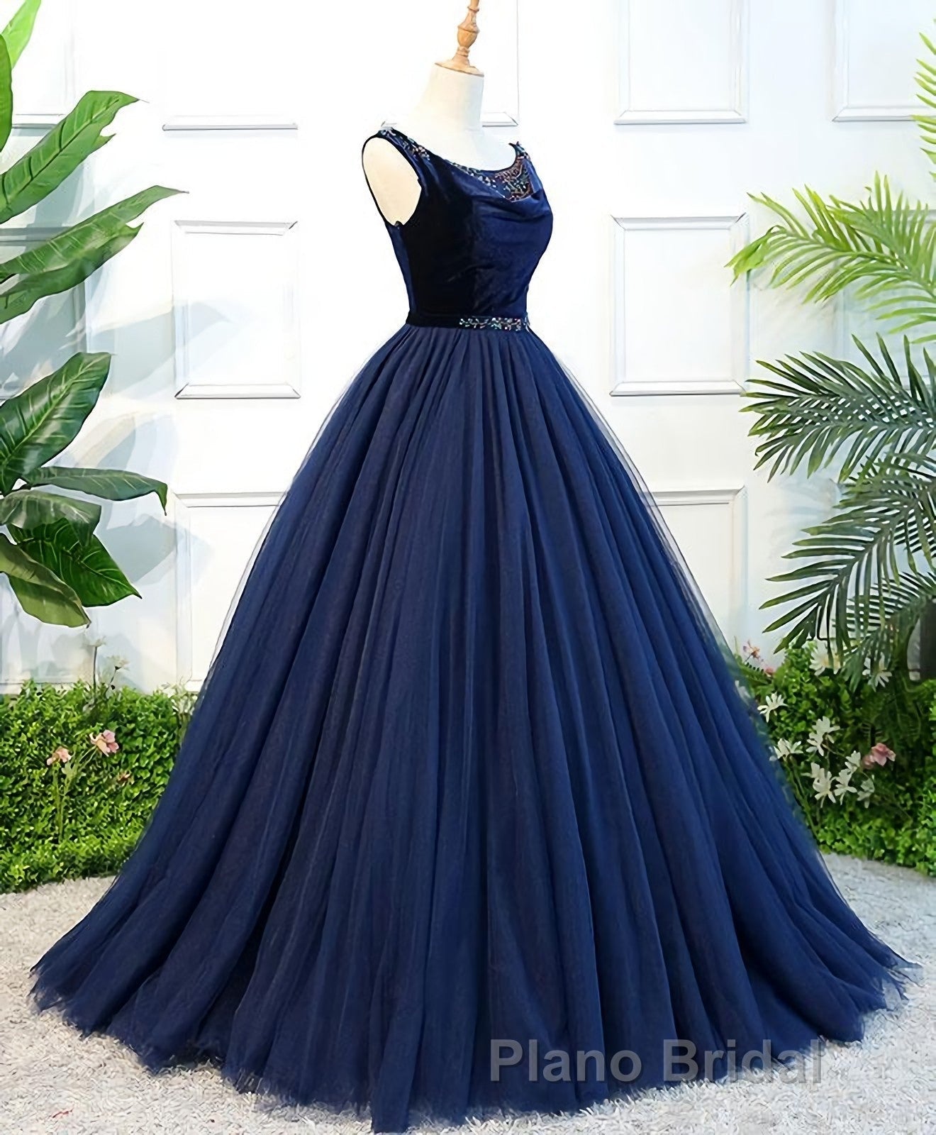 Dark Blue Tulle Long Formal Prom Dresses, Dark Blue Tulle Evening Dresses