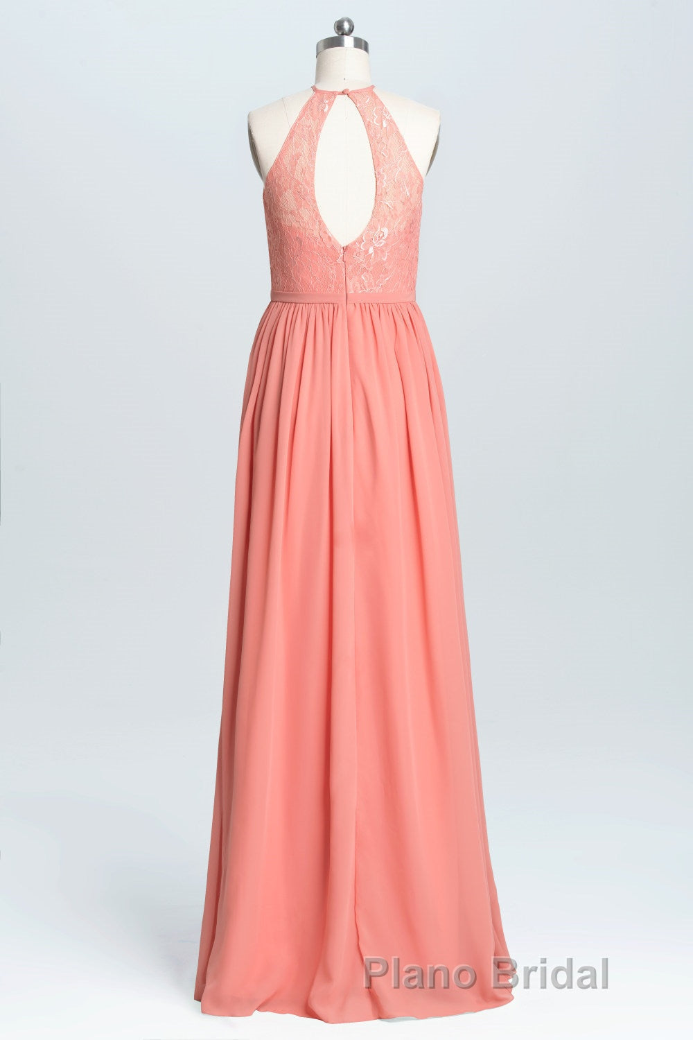 Halter Coral A-line Lace and Chiffon Long Bridesmaid Dresses