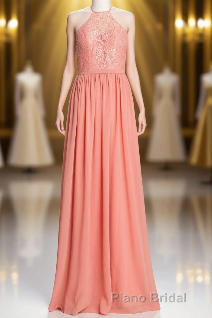 Halter Coral A-line Lace and Chiffon Long Bridesmaid Dresses Main image